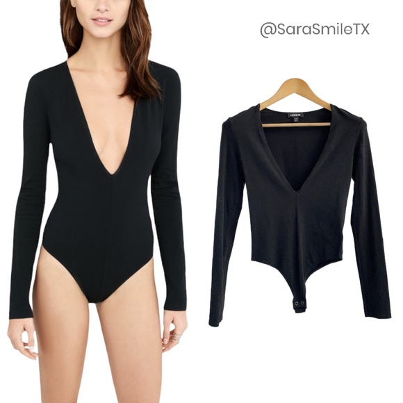 Express Tops - NWOT {EXPRESS} Black ‘One Eleven’ Deep Plunge V-Neck Long Sleeve Bodysuit